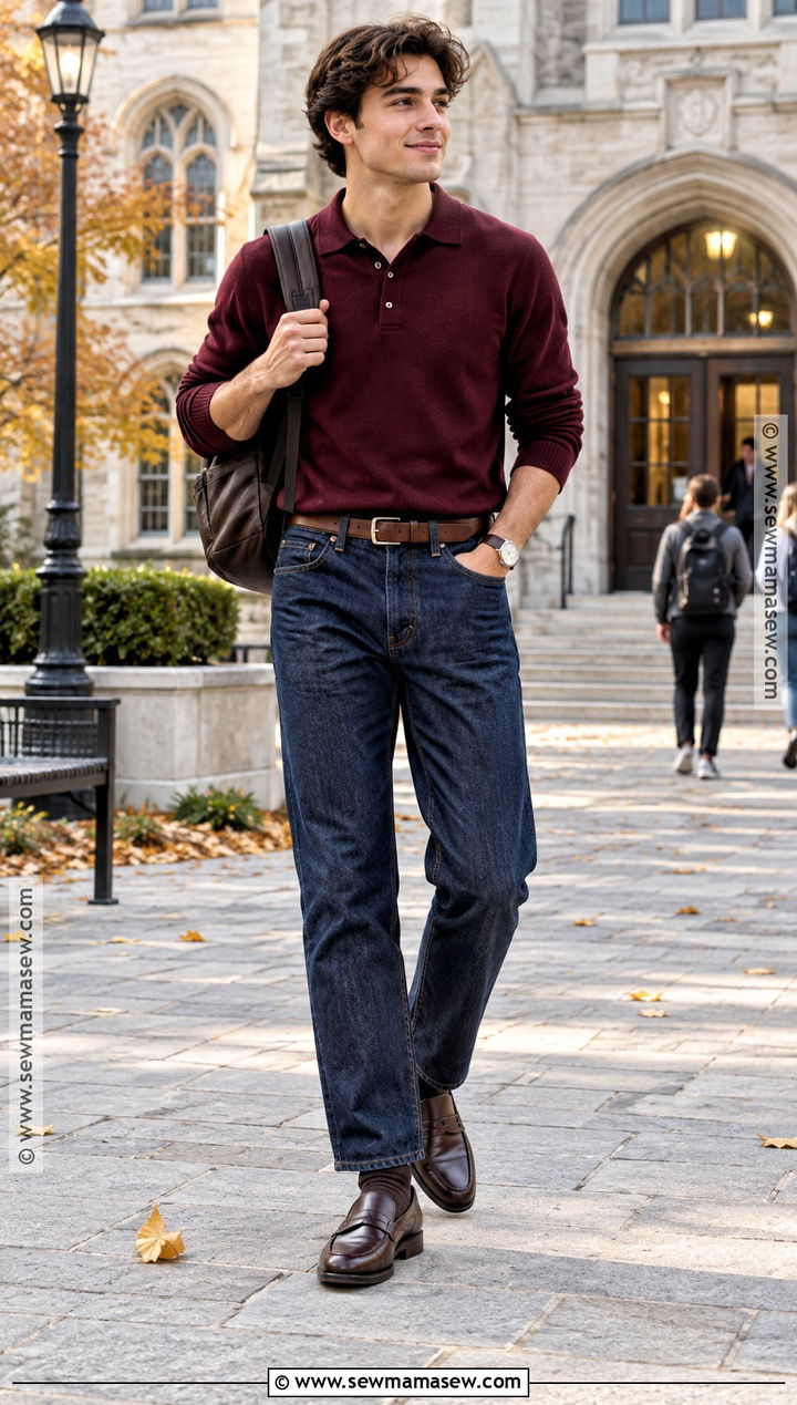 Knit Polo And Dark Wash Jeans School Outfit - 20 autumn school outfit ideas