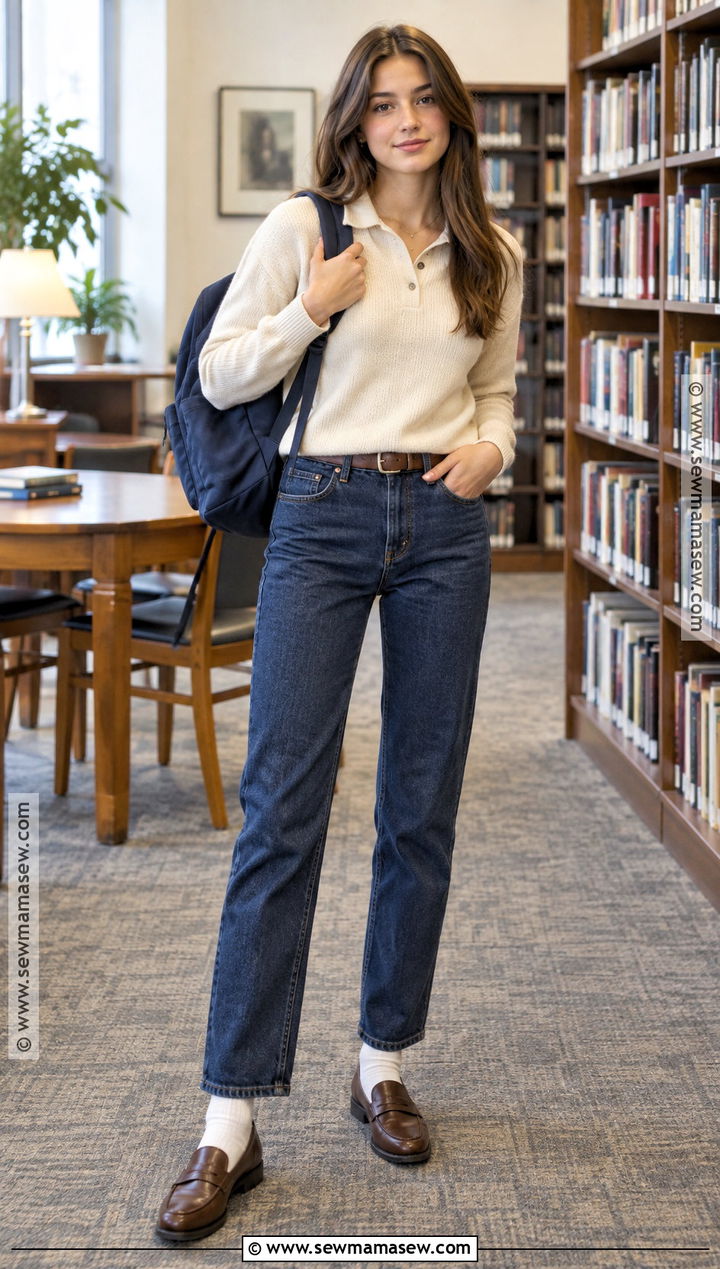 Knit Polo And Dark Wash Jeans School Outfit - 20 cute school outfits fall