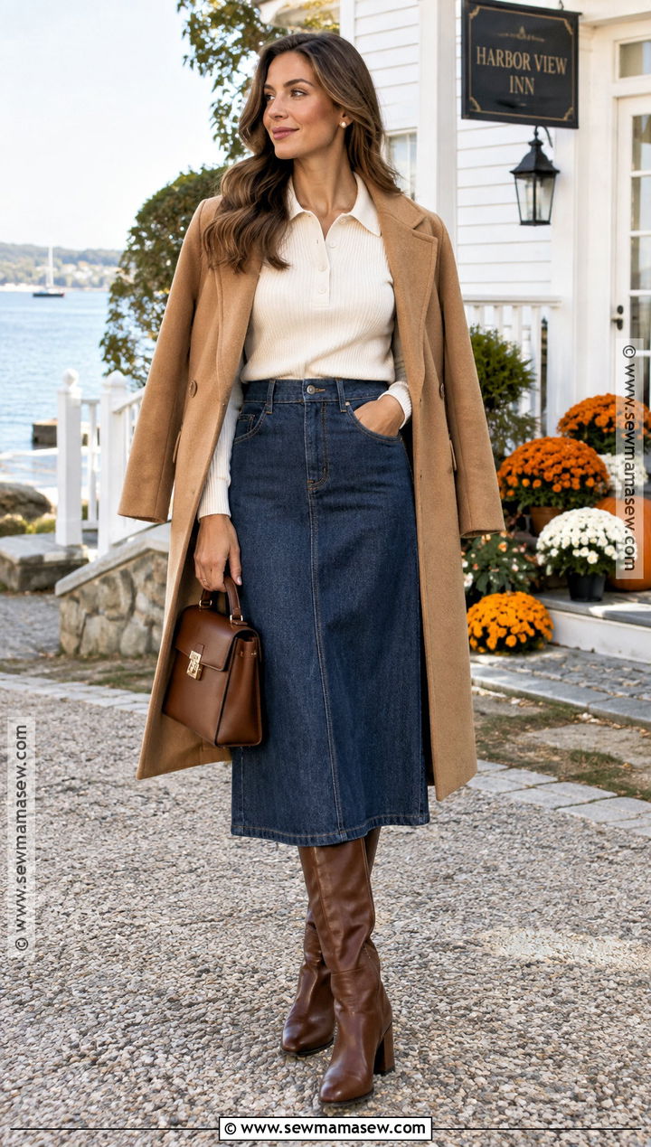 Knit Polo And Denim Skirt Coastal Fall Outfit - 15 coastal fall outfits 2026