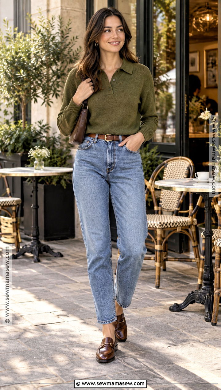 Knit Polo And Mom Jeans Outfit - 15 Fall Cozy Outfit Casual Ideas