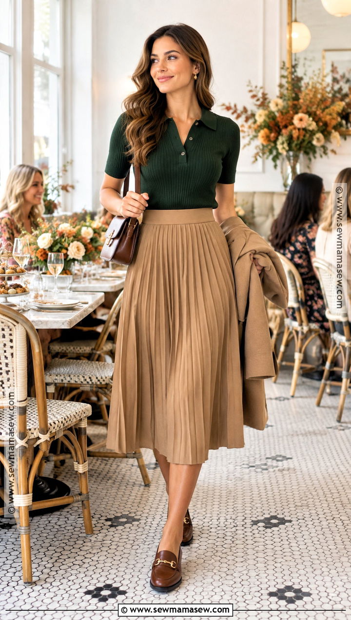 Knit Polo And Pleated Midi Skirt Bridal Shower Outfit - 20 fall bridal shower outfit for guest casual ideas