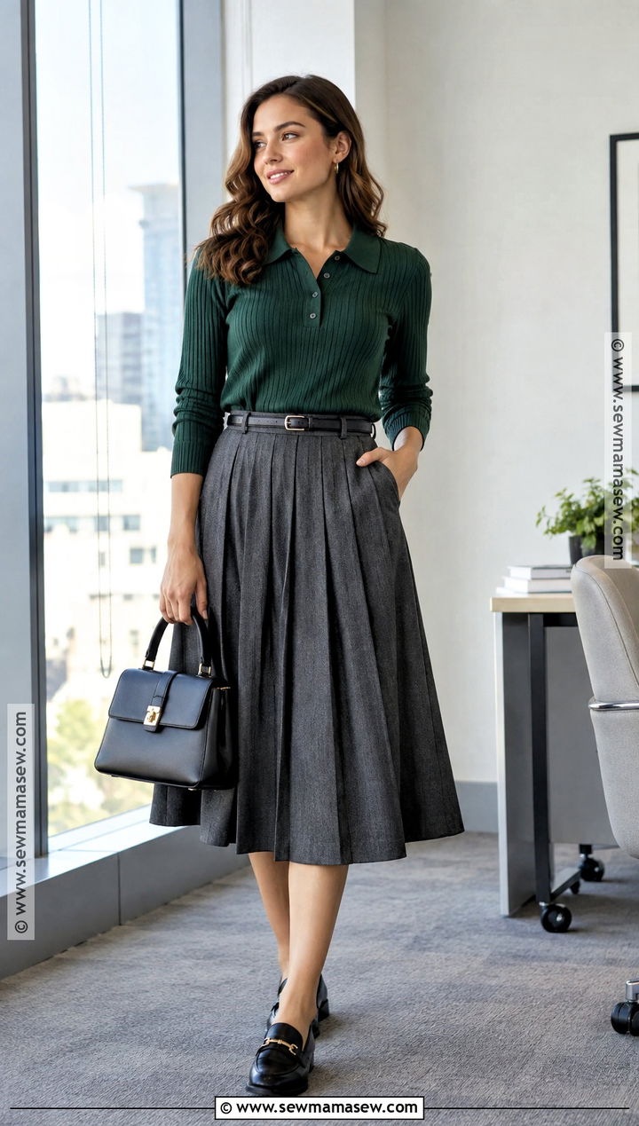 Knit Polo And Pleated Skirt Work Outfit - 15 Autumn Workwear Ideas 2026