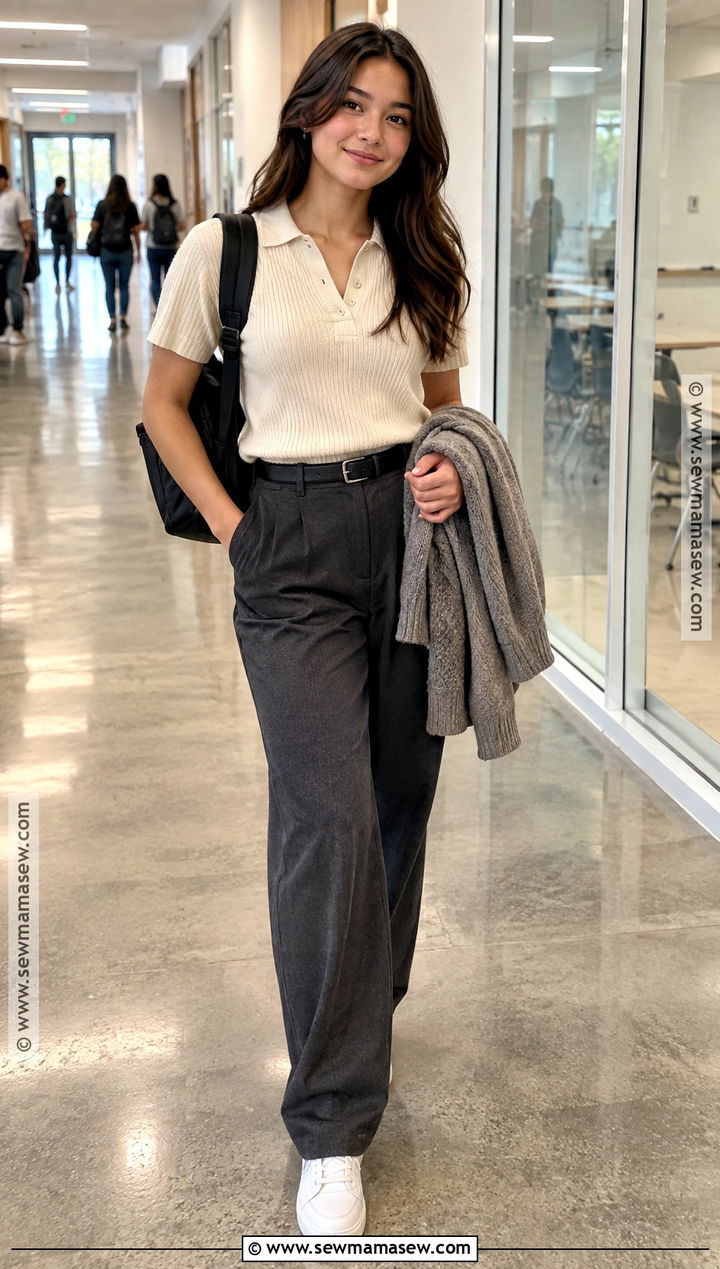 Knit Polo And Tailored Trousers School Outfit - 15 cute everyday outfits for school fall