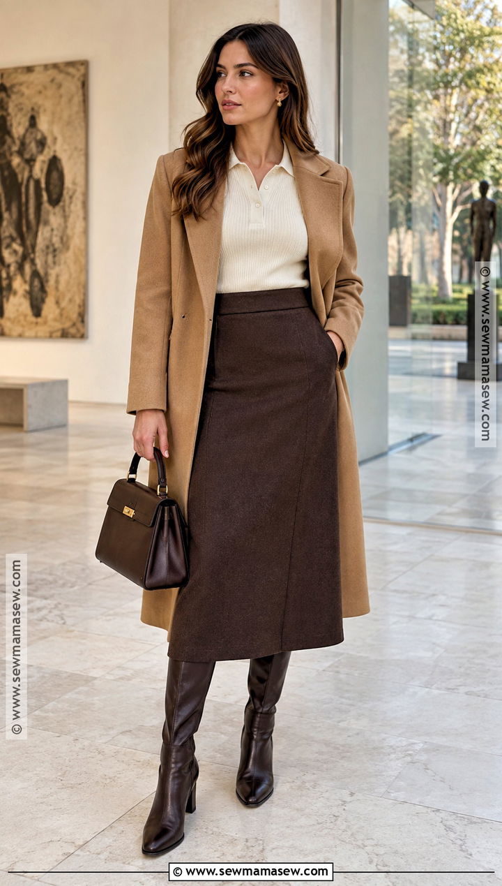 Knit Polo And Wool Midi Skirt Fall Outfit - 25 fall outfits classy elegant
