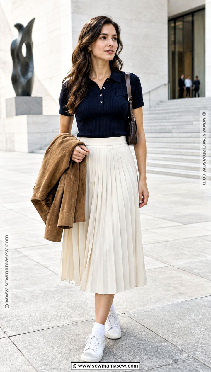 Knit Polo Midi Skirt And Sneakers Fall Outfit - 15 Womens Fall Fashion Casual Ideas