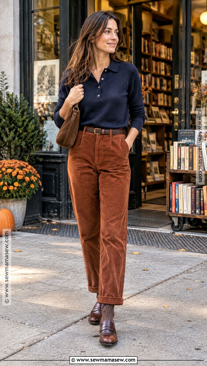 Knit Polo With Corduroy Trousers and Loafers - 20 New York October Outfit Ideas
