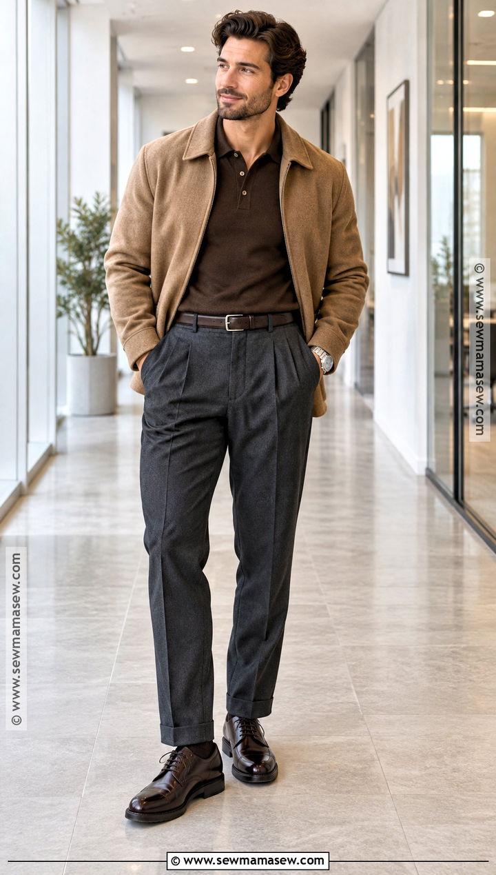Knit Polo With Pleated Trousers And Derby Shoes - 15 men fall outfits business casual