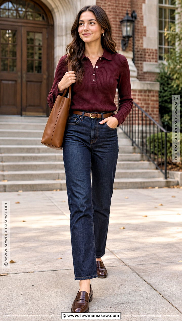 Knit Polo and Dark Wash Jeans Fall Class Outfit - 25 fall class outfits