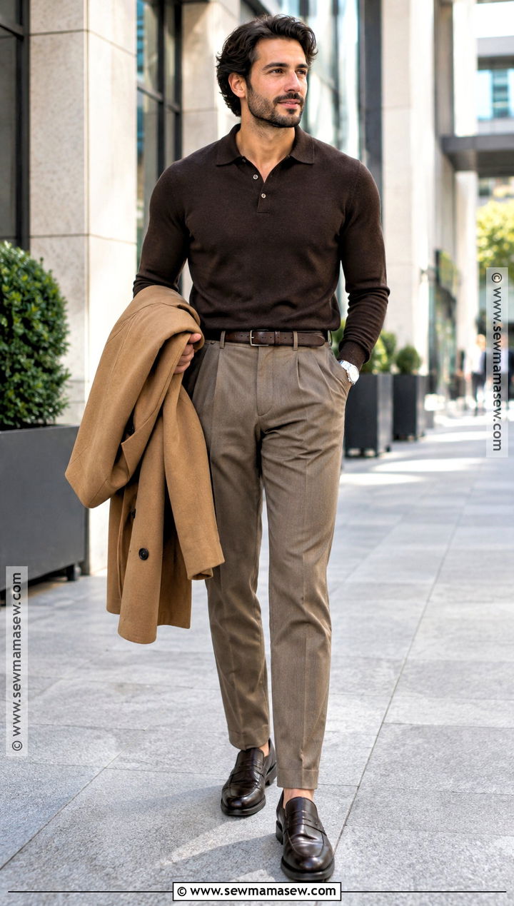 Knit Polo and Pleated Trousers Fall Work Outfit - 15 fall work outfits for men