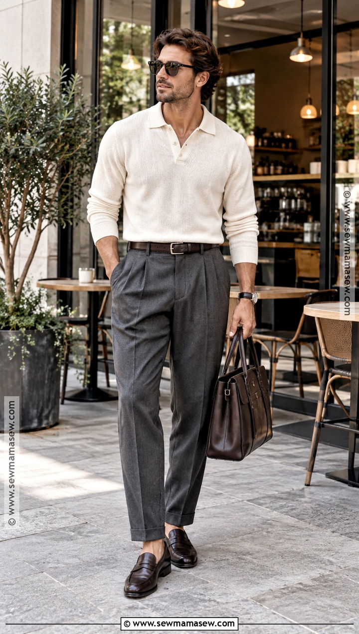 Knit Polo and Pleated Trousers Smart Casual Fall Outfit - 15 smart casual fall outfits for men