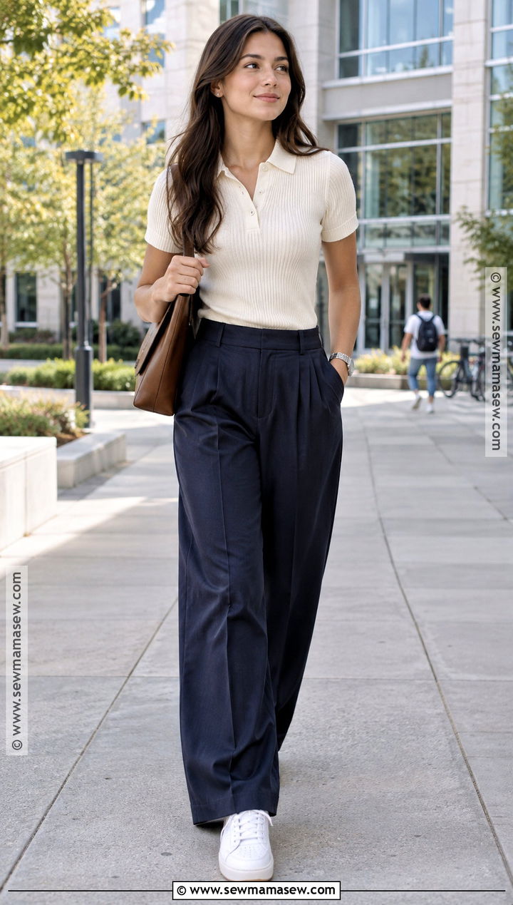 Knit Polo and Wide Leg Trousers Outfit - 20 back to school outfits classy