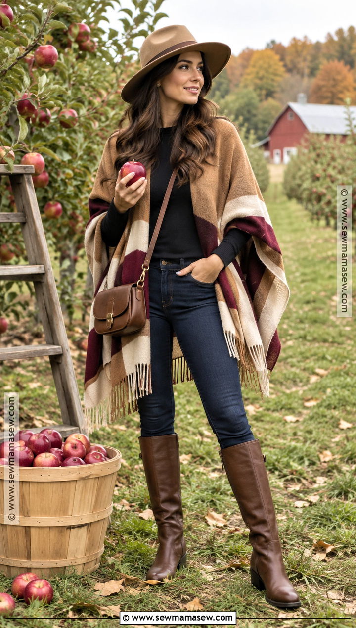 Knit Poncho Apple Picking Outfit With Skinny Jeans - 20 Apple Picking Outfits Fall