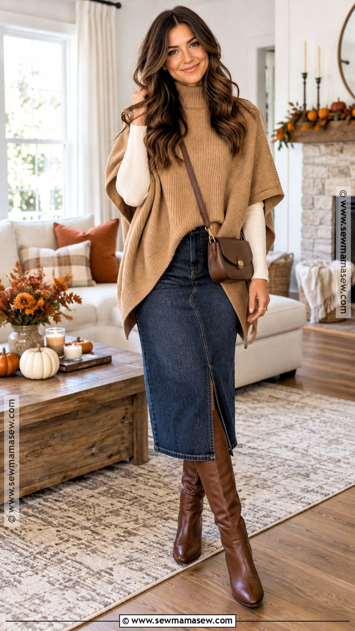 Knit Poncho With Jean Skirt And Tall Boots - 20 Jean Skirt Thanksgiving Outfits