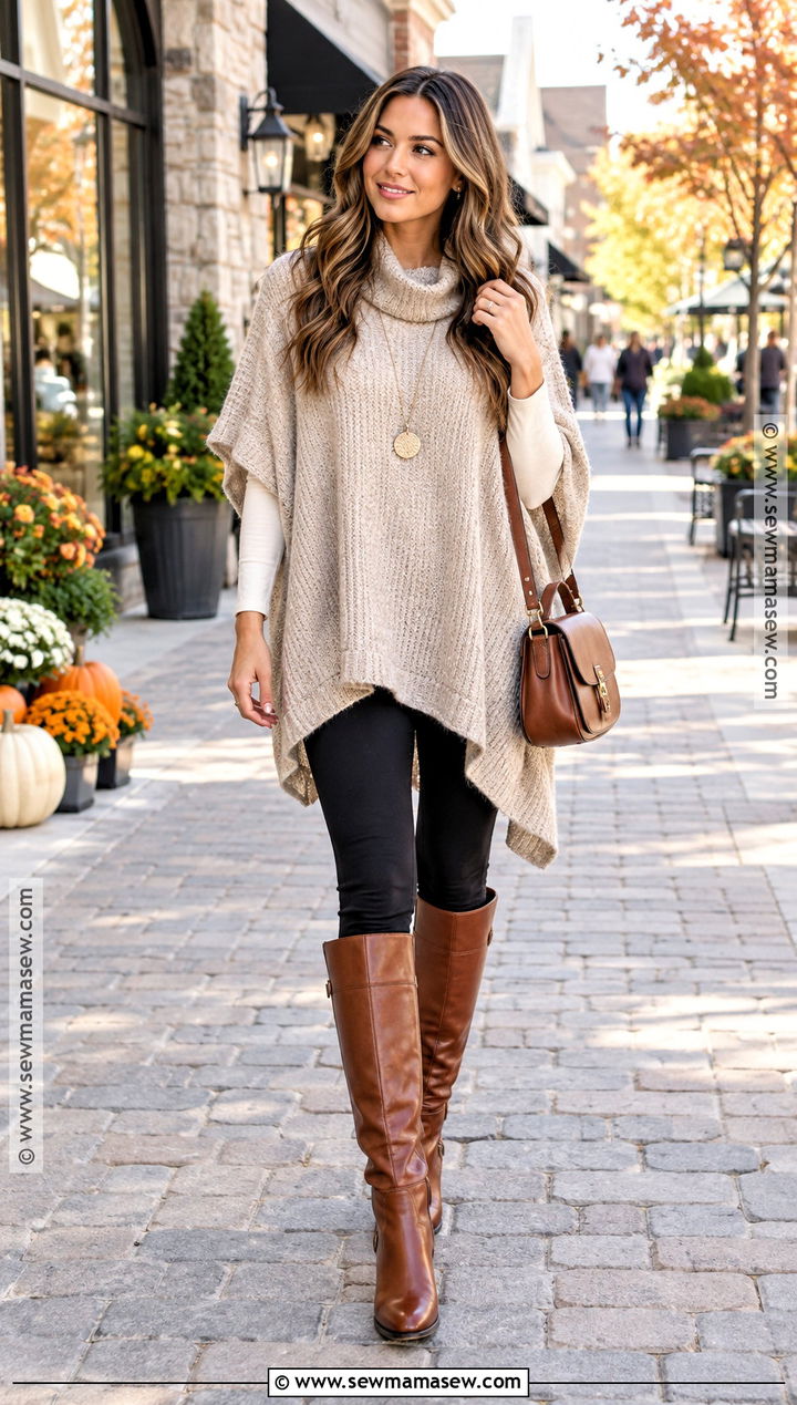 Knit Poncho With Leggings And Knee High Boots - 15 fall fashion poncho style ideas