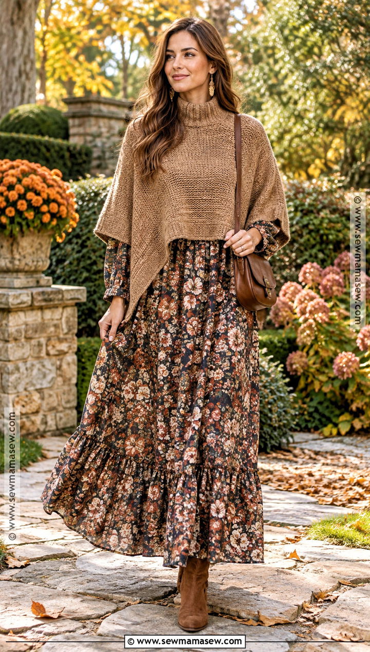 Knit Poncho With Maxi Dress And Ankle Boots - 15 Knit Poncho Fall Fashion Ideas