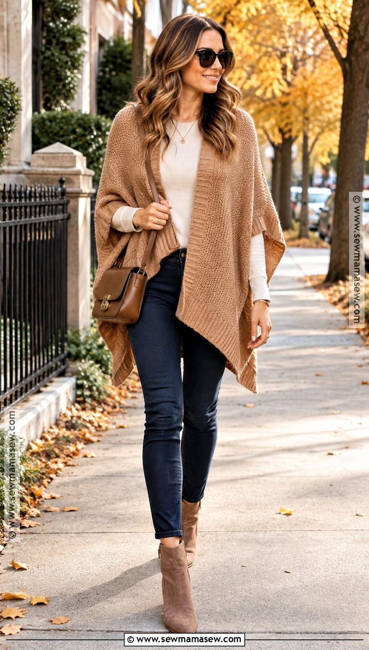 Knit Poncho With Skinny Jeans And Ankle Boots - 15 Knit Poncho Fall Fashion Ideas