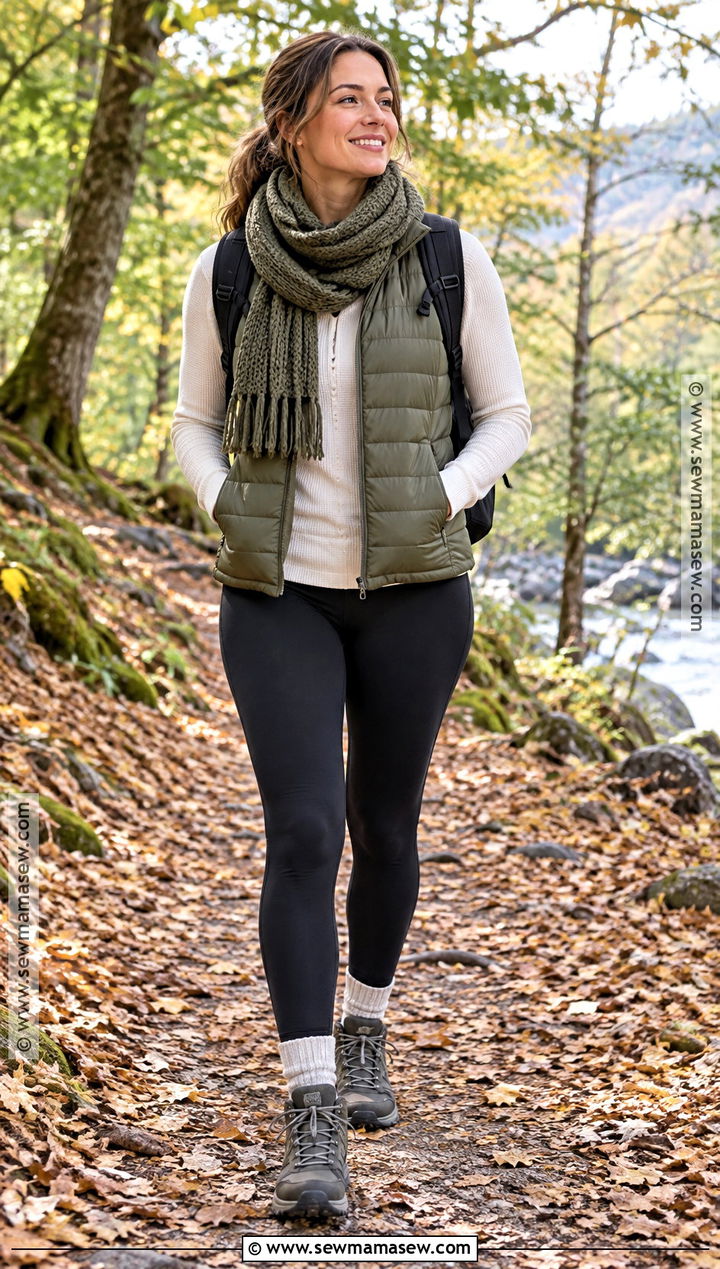 Knit Scarf With Puffer Vest And Leggings - 15 Fall Outfit Ideas With Scarves