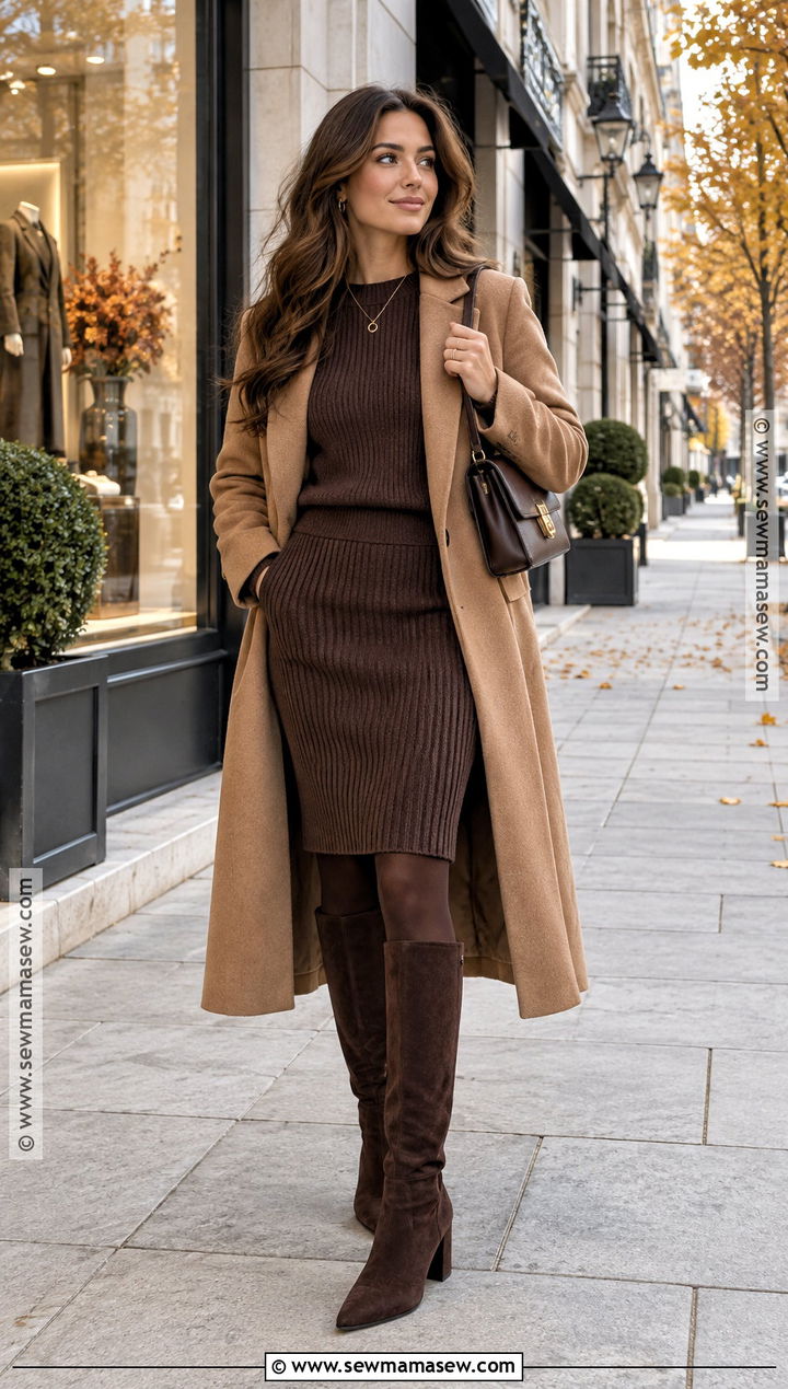 Knit Skirt Set With Tights And Tall Boots - 15 fall outfits with tights and boots