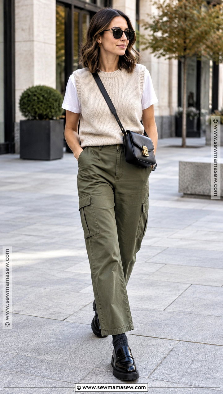 Knit Sleeveless Sweater With Cargo Pants And Chunky Loafers - 15 Knit Sleeveless Sweater Fall Ideas