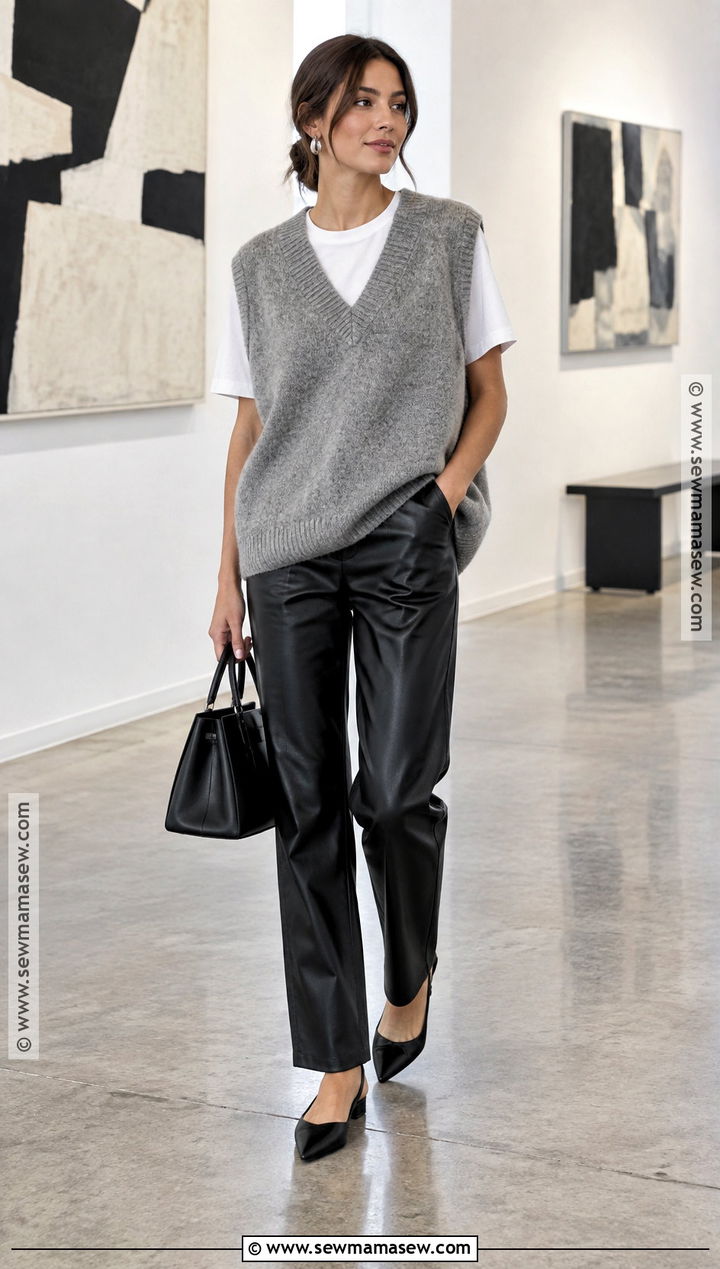 Knit Sleeveless Sweater With Leather Pants And Slingback Flats - 15 Knit Sleeveless Sweater Fall Ideas