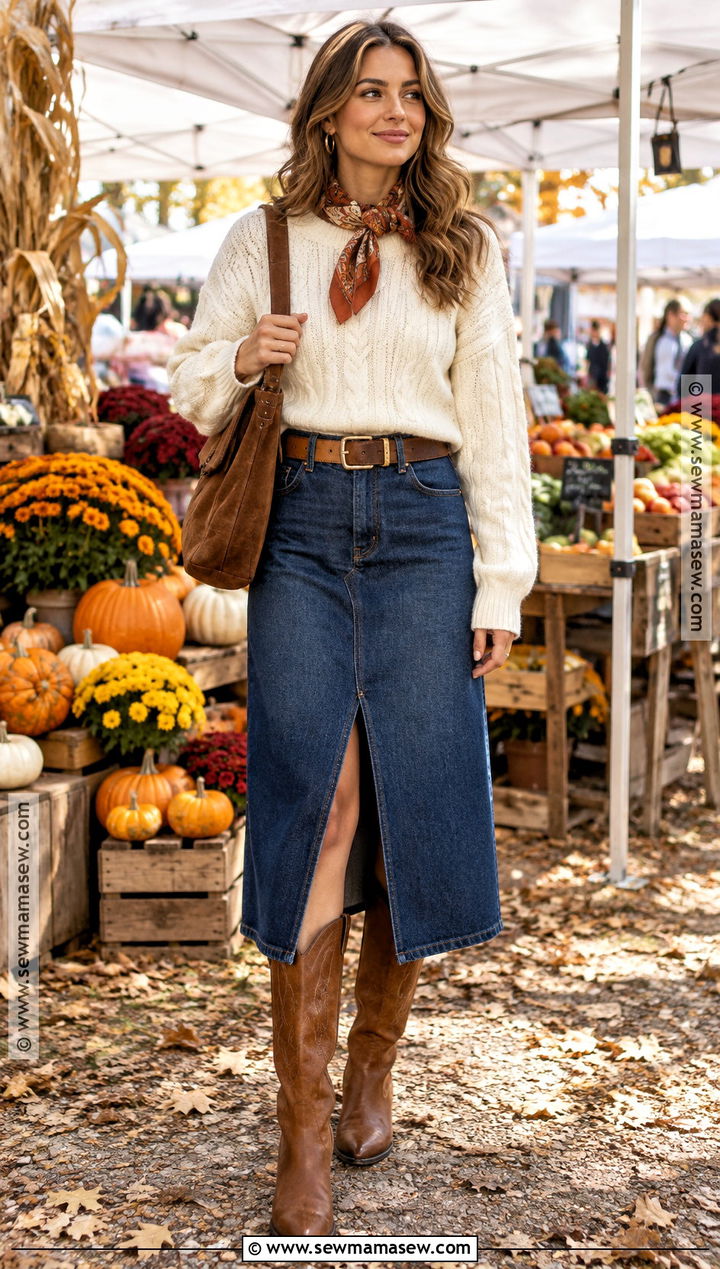 Knit Sweater And Denim Midi Skirt Vaquera Outfit - 20 fall vaquera outfits