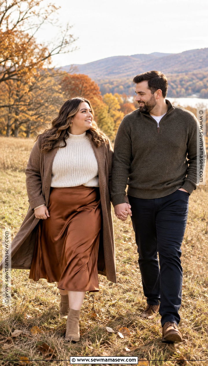 Knit Sweater And Satin Skirt Engagement Shoot Outfit - 15 engagement shoot fall outfits