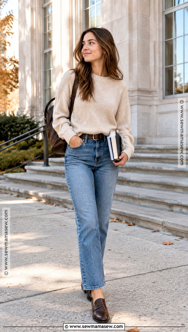 Knit Sweater And Straight Jeans Fall School Outfit - 25 Fall School Fits