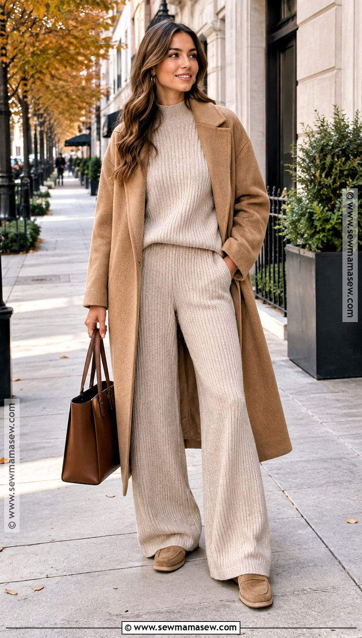 Knit Sweater And Wide Leg Pants Set - 15 cozy fall fashion set ideas