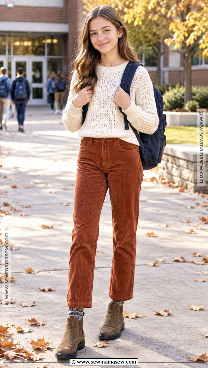 Knit Sweater With Corduroy Pants And Ankle Boots - 15 back to school clothes middle school