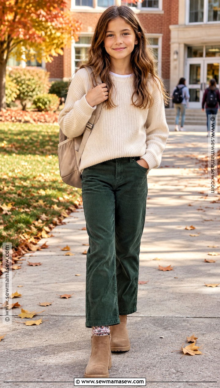 Knit Sweater With Corduroy Pants And Boots - 20 back to school outfits for 5th grade