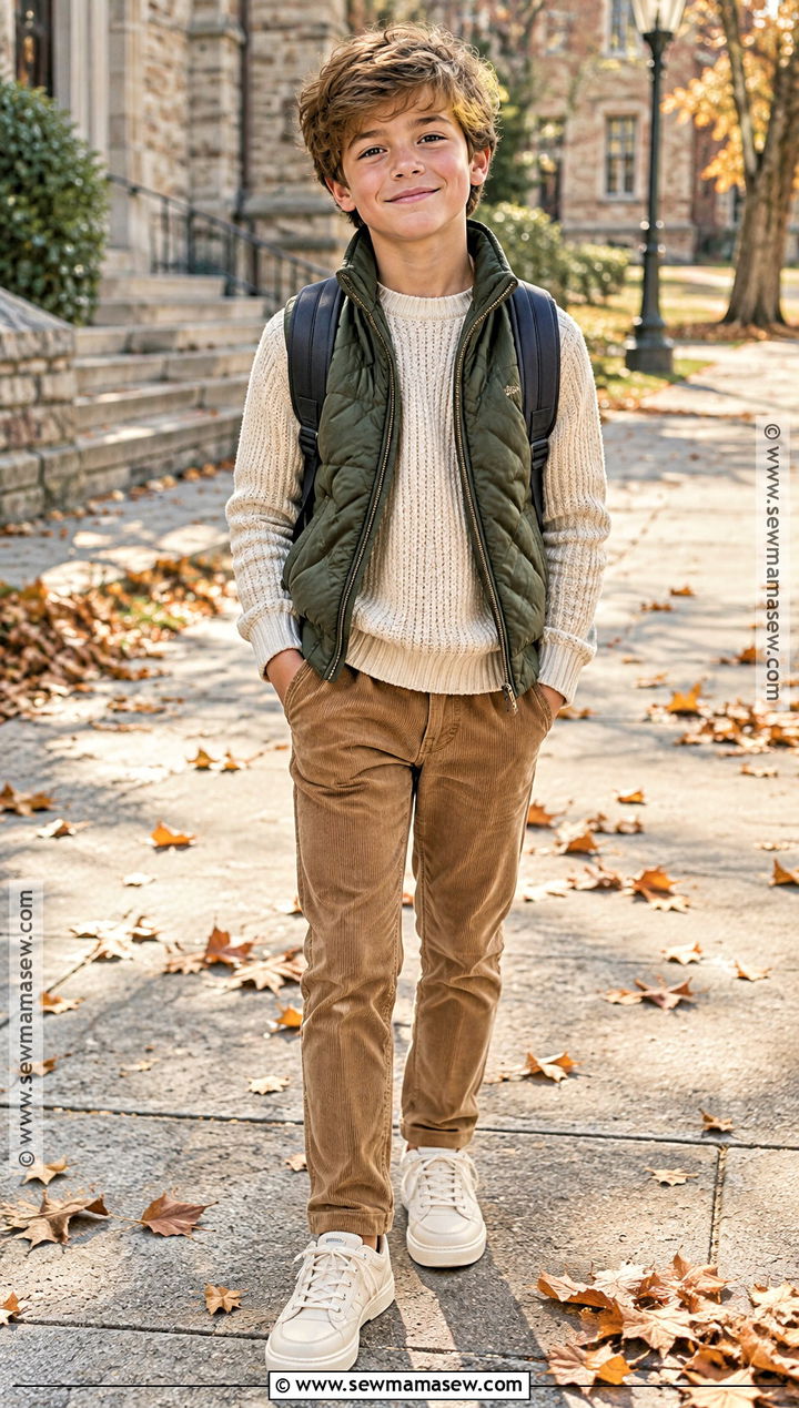 Knit Sweater With Corduroy Pants And Sneakers - 25 Boy Fall Outfits