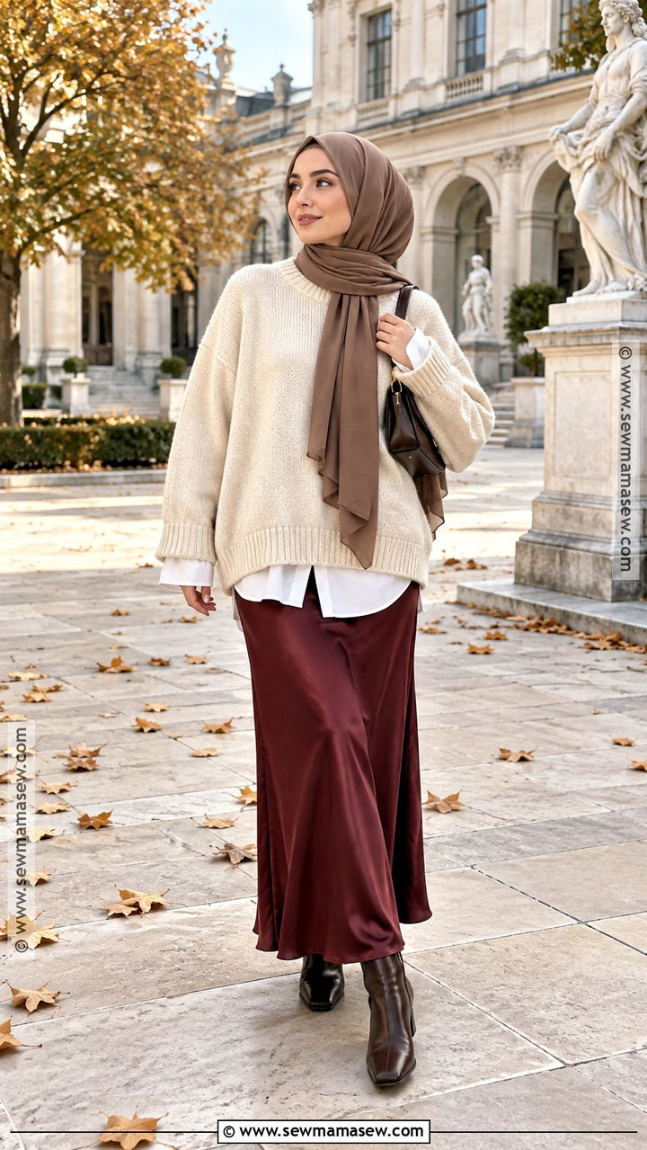Knit Sweater With Satin Maxi Skirt And Ankle Boots - 20 Muslim Fall Outfits