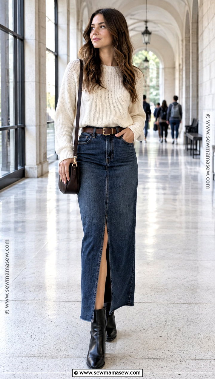 Knit Sweater and Denim Maxi Skirt College Outfit - 15 cute fall outfits for college
