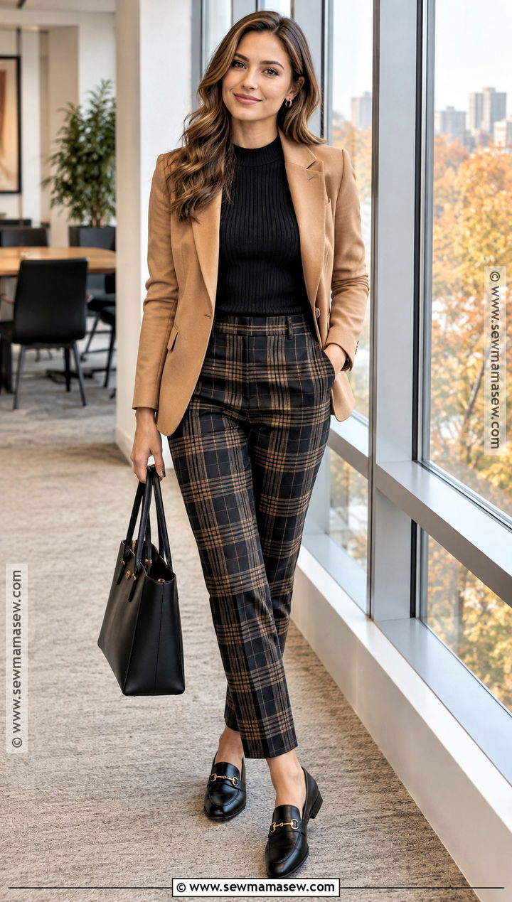 Knit Top And Plaid Pants Work Outfit - 15 fall capsule wardrobe 2026 work ideas