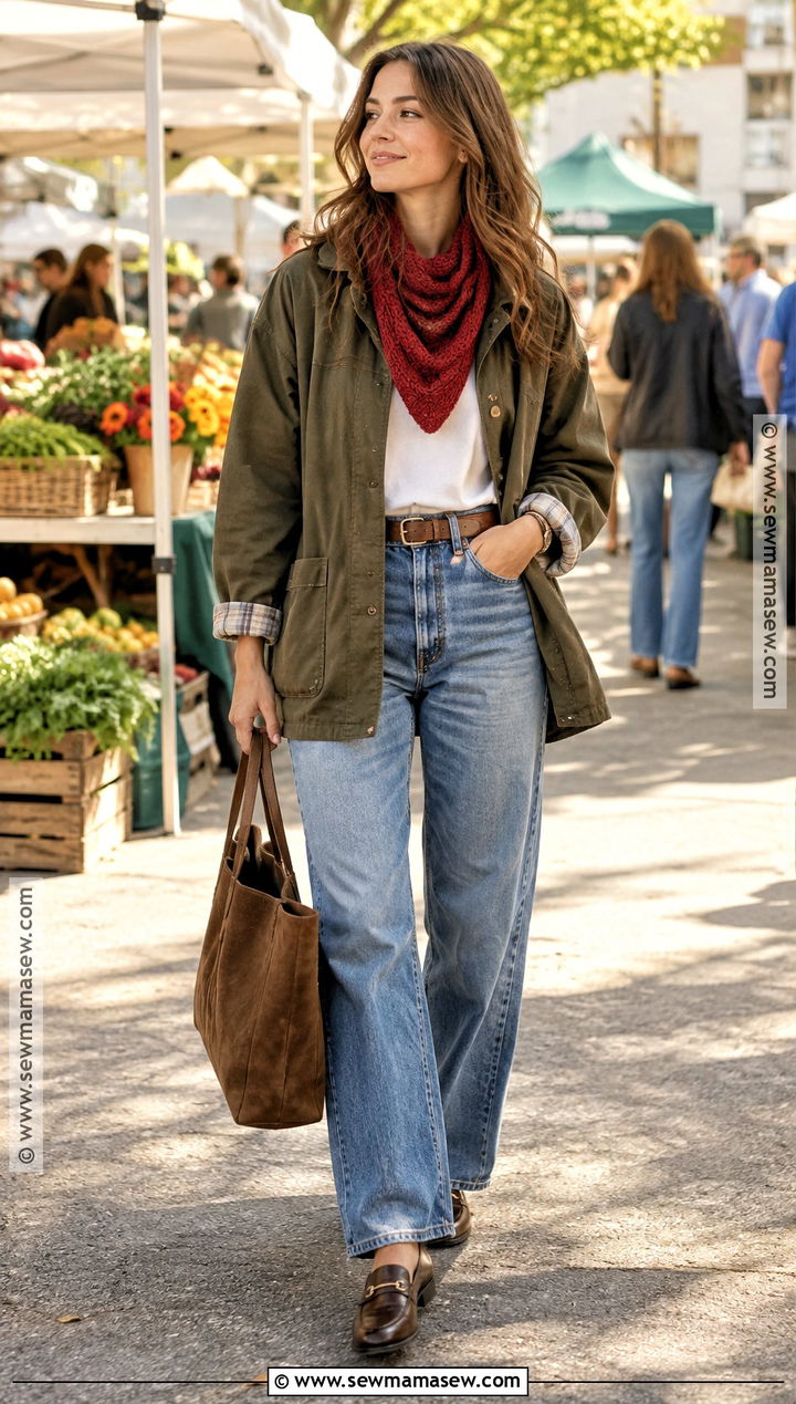 Knit Triangle Scarf With Barn Jacket Outfit - 15 Knit Accessories Fall Fashion