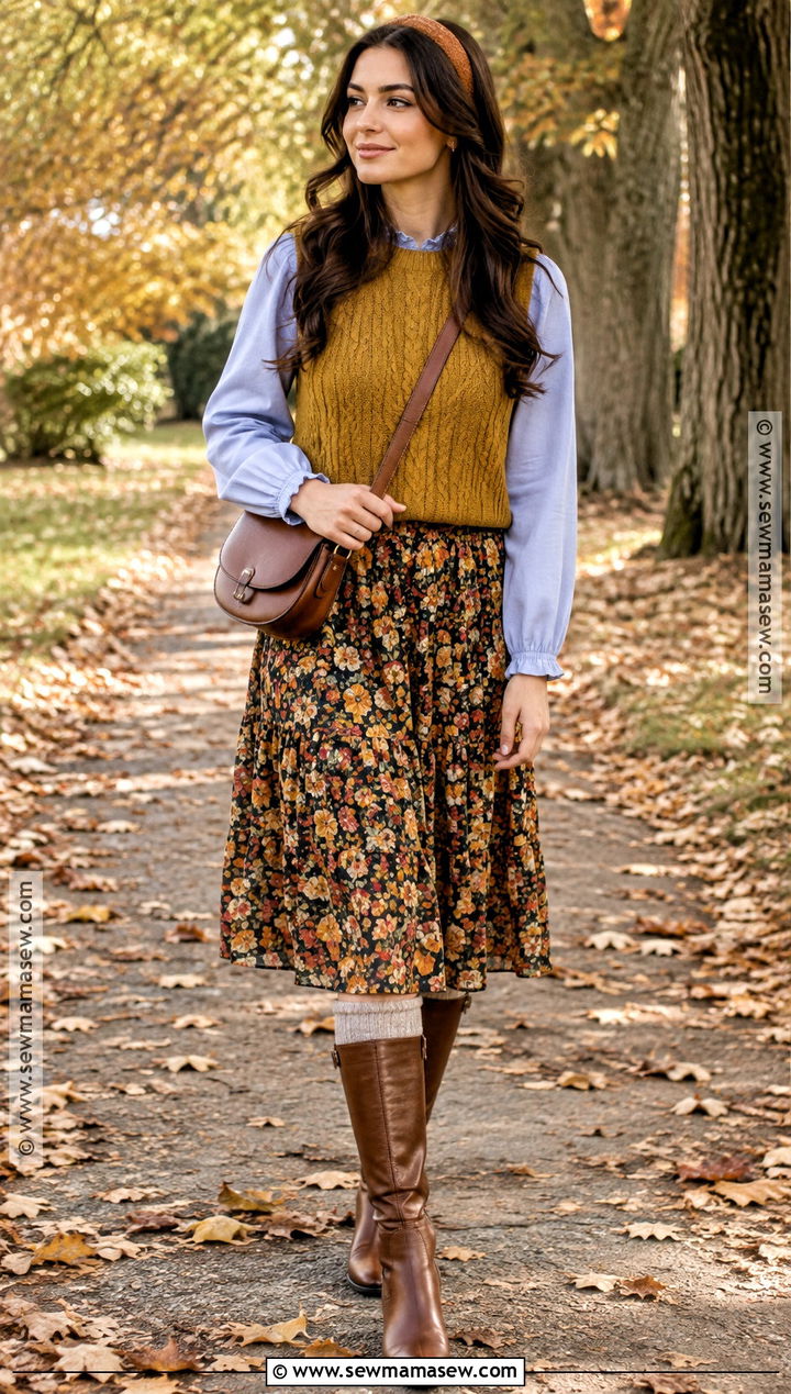 Knit Vest And Floral Skirt Fall Cottage Outfit - 20 Fall Cottage Outfits