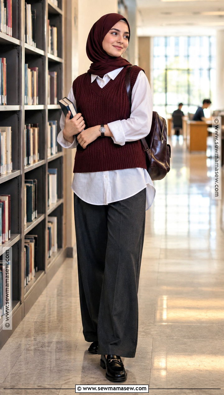 Knit Vest And Long Sleeve Shirt Hijabi Outfit - 20 Back To School Hijabi Outfits