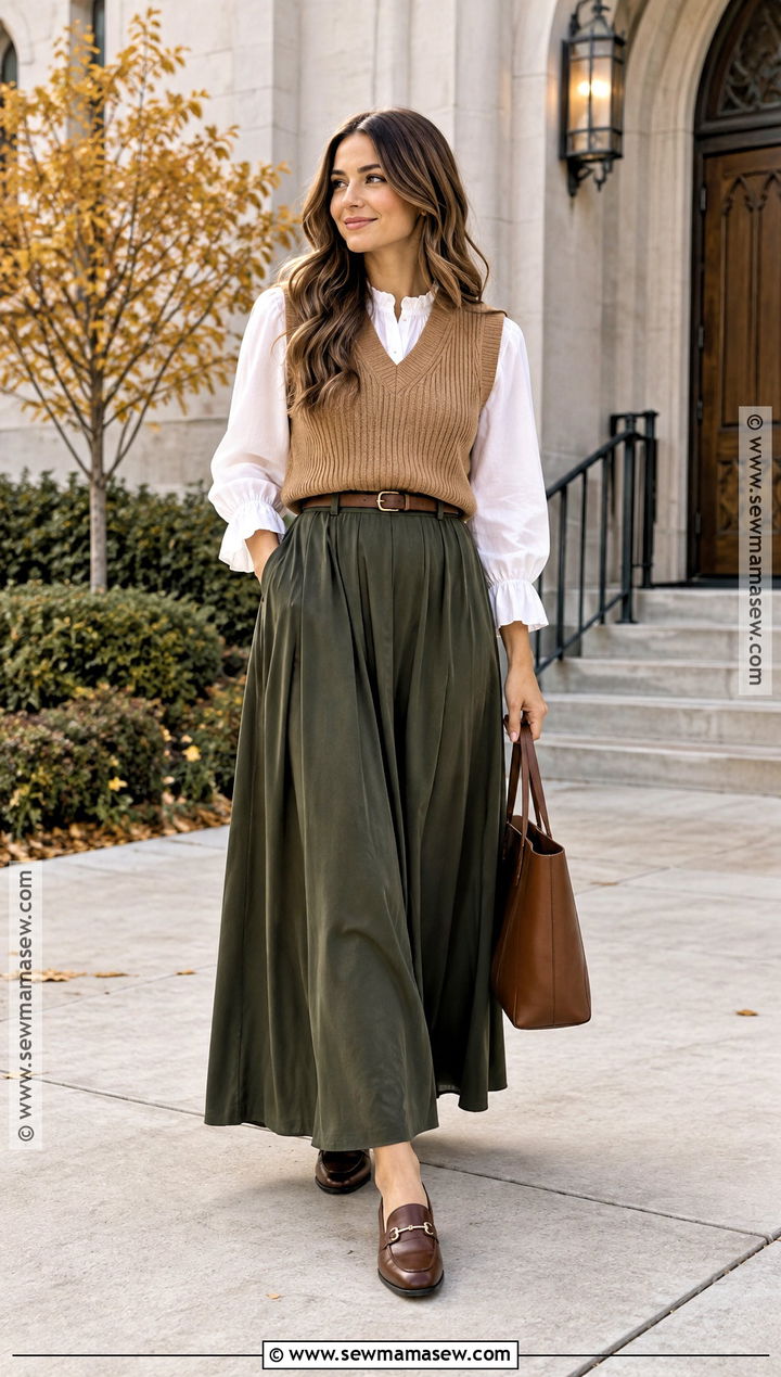 Knit Vest And Maxi Skirt Church Outfit - 20 cute fall church outfits
