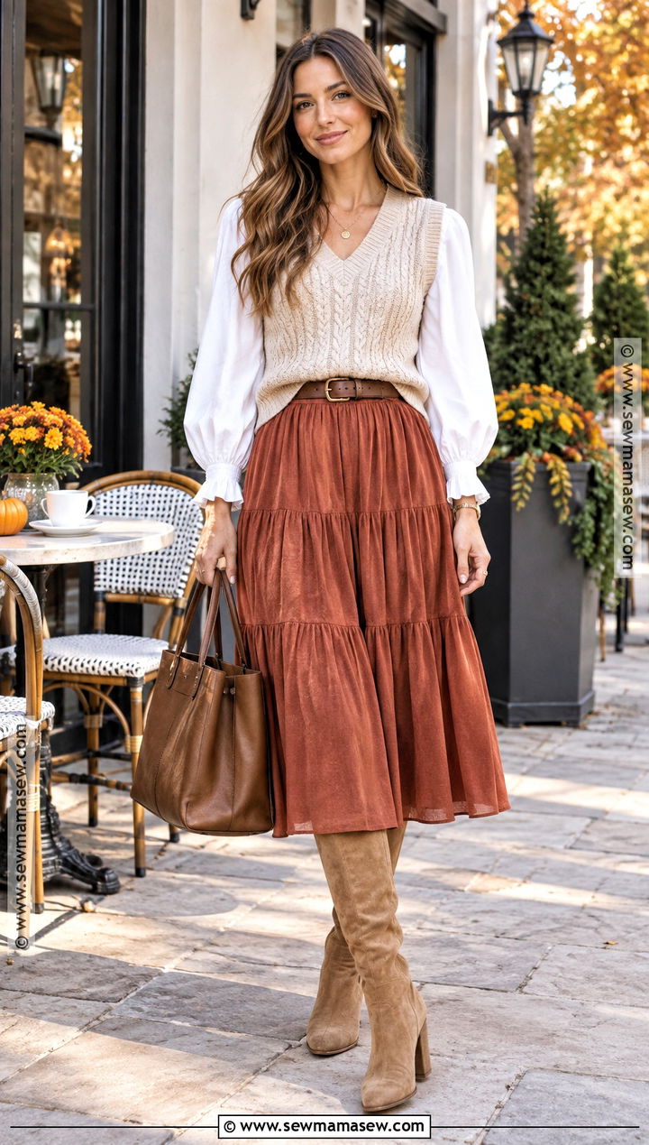 Knit Vest And Tiered Skirt Boho Autumn Look - 15 boho style autumn look ideas