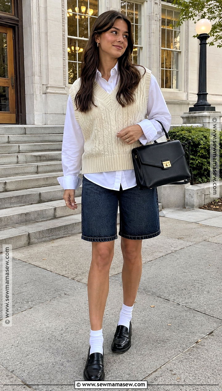 Knit Vest And White Shirt Jorts Outfit - 20 Jorts Outfit Fall Ideas