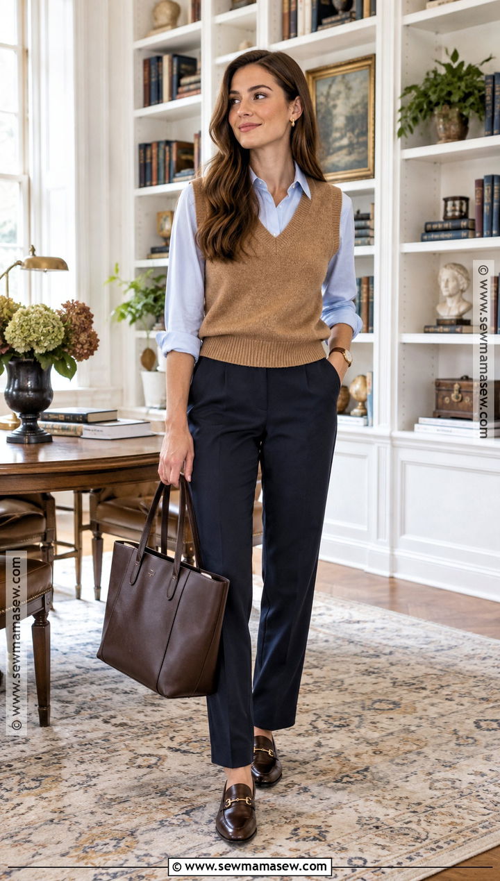 Knit Vest Fall Outfit With a Button Down Shirt - 20 Sophisticated Fall Outfits