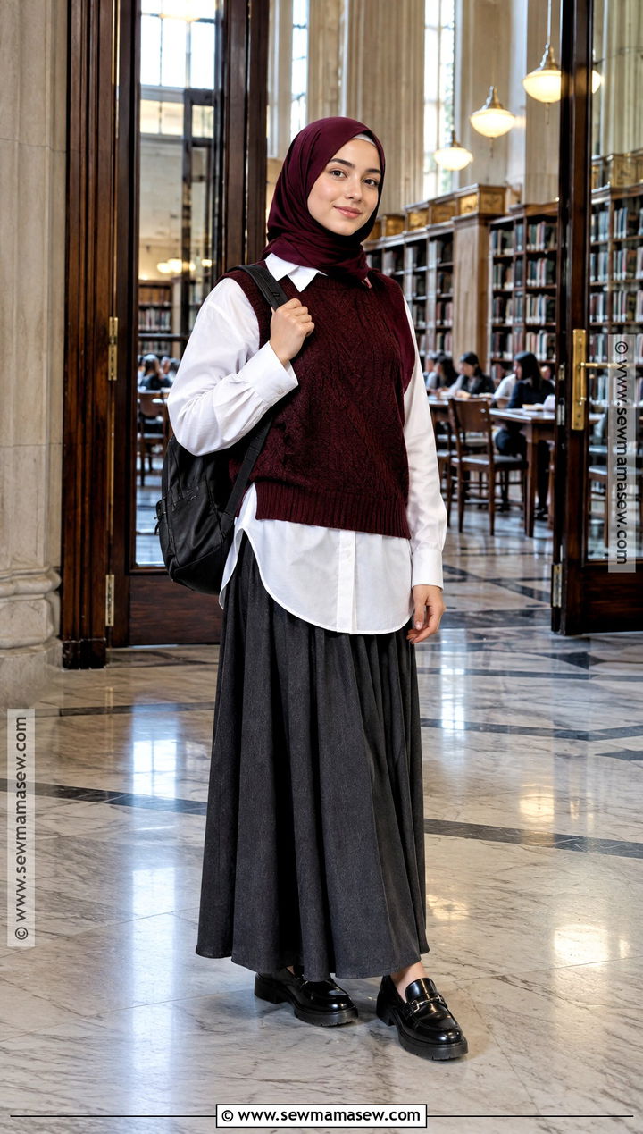 Knit Vest Hijab Outfit With Maxi Skirt - 20 back to school hijab outfits