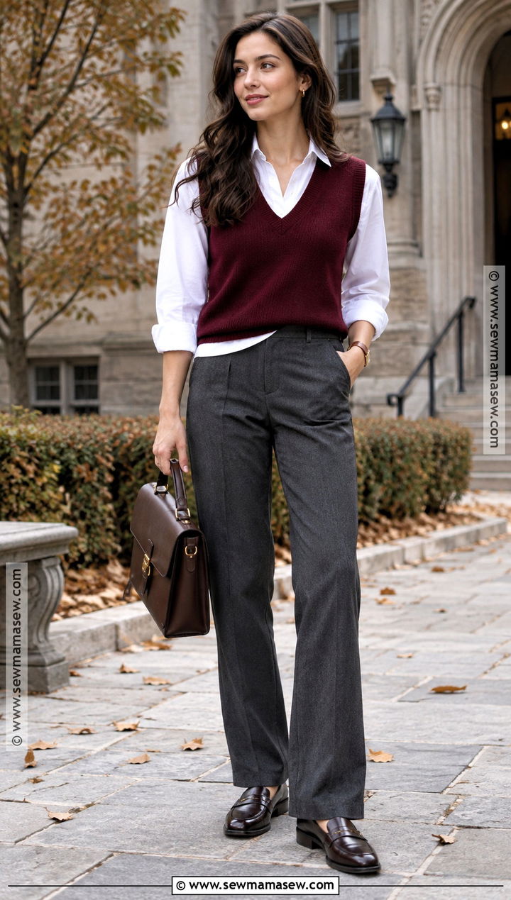 Knit Vest Over A Button Down Shirt And Trousers - 15 Fall Fashion Knit Top Ideas
