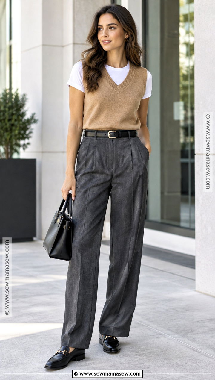Knit Vest T Shirt And Trousers Outfit - 25 late summer early fall outfits