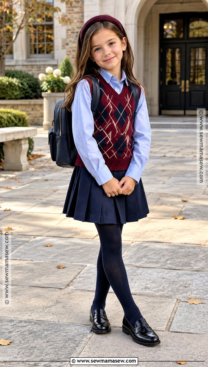 Knit Vest With Oxford Shirt And Pleated Skirt - 15 kids knitwear fall fashion ideas