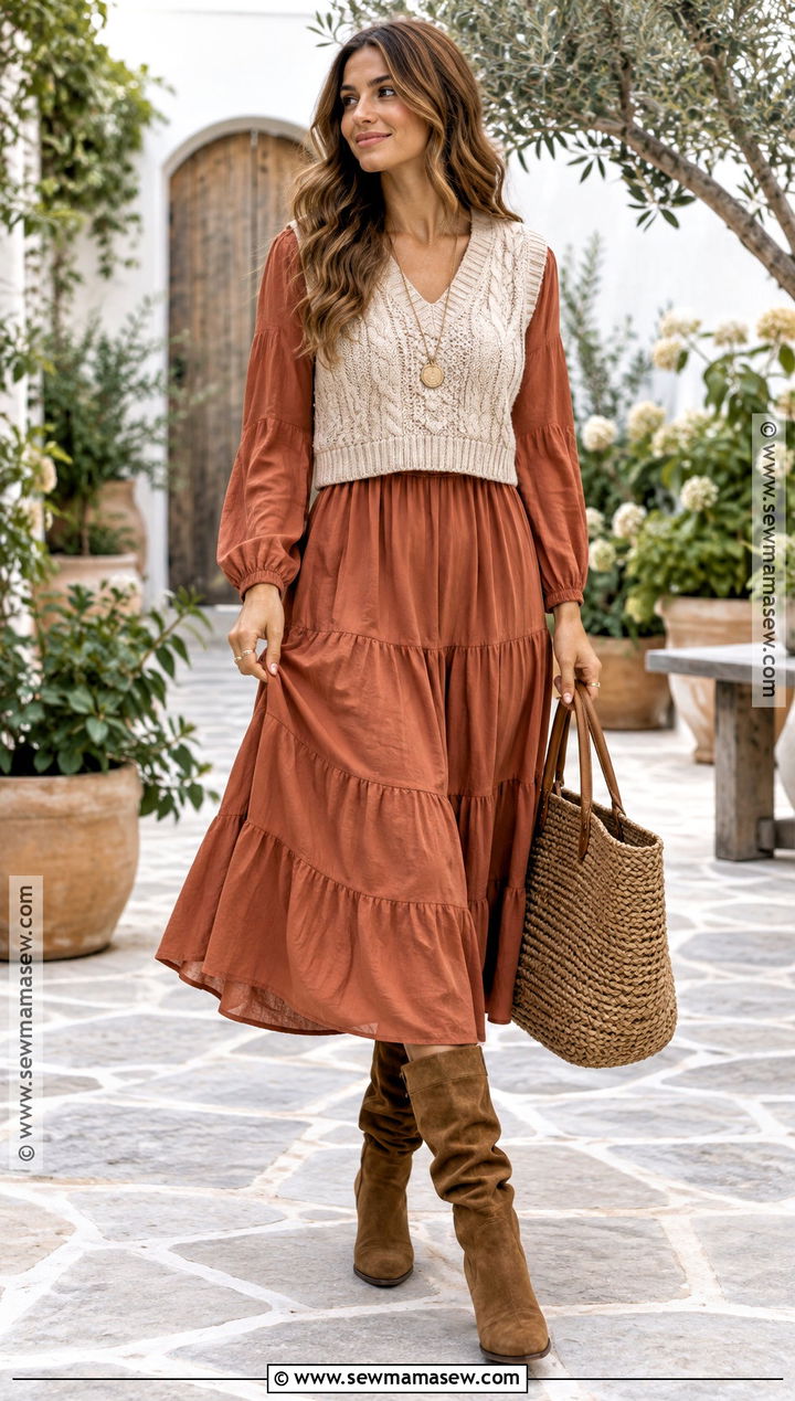 Knit Vest With Tiered Dress Boho Fall Outfit - 15 Boho Outfits For Fall 2026