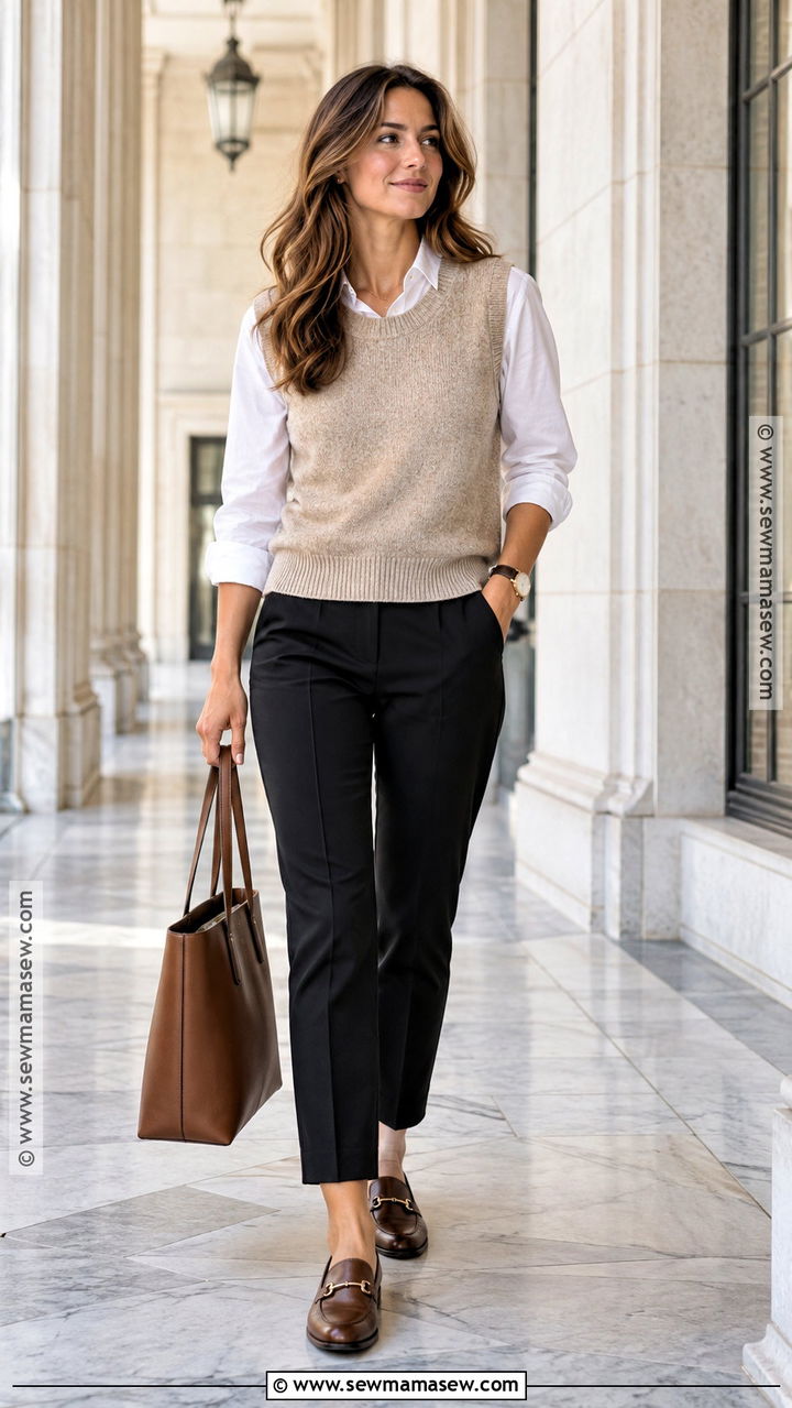 Knit Vest and White Shirt Outfit - 20 Neutral Fall Outfits for Women