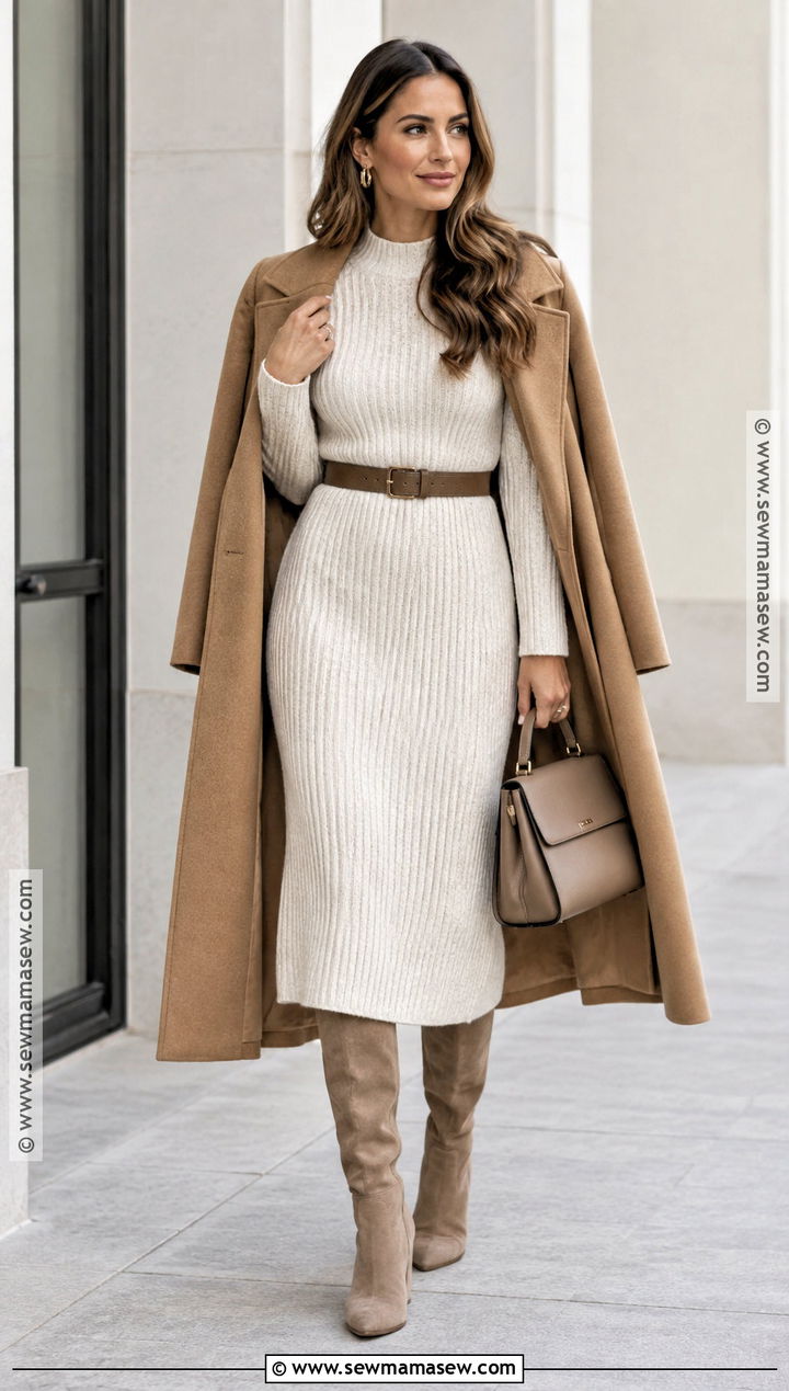 Knitted Sweater Dress With Knee High Boots And Belt - 15 knitted sweater fall fashion ideas