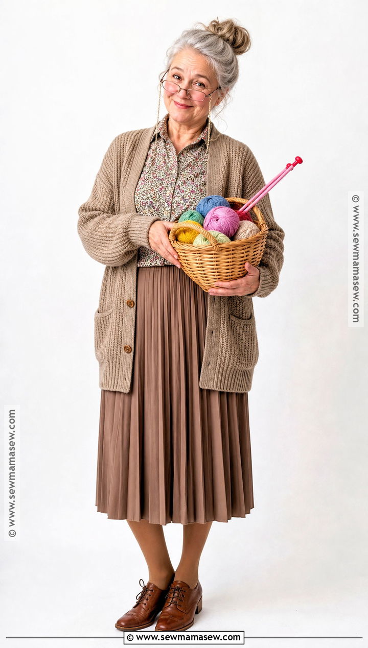 Knitting Grandma Costume With Yarn Basket - 40 grandma costume ideas