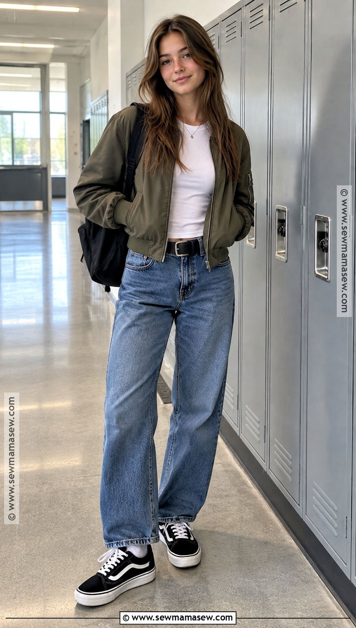Knu Skool Vans With Bomber Jacket And Relaxed Jeans - 20 back to school outfits knu skool vans